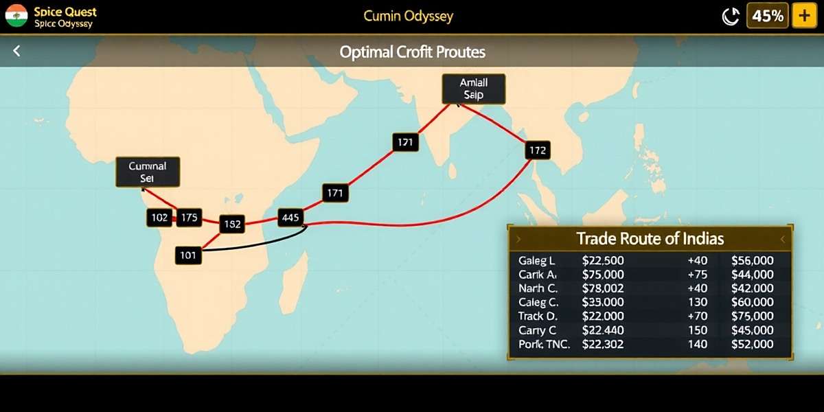 Cumin Odyssey: Spice Trading Chronicles player strategy guide showing optimal trade routes across India with profit calculations