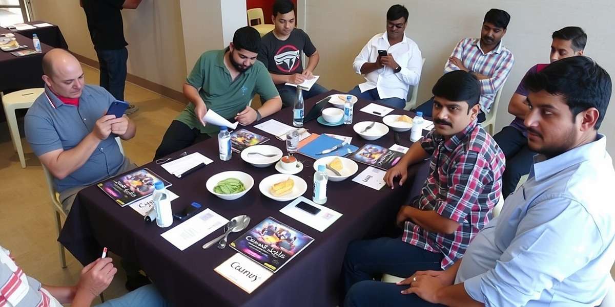 Cumin Odyssey: Spice Trading Chronicles players at a community meetup in Bangalore showcasing their in-game achievements and discussing trading strategies