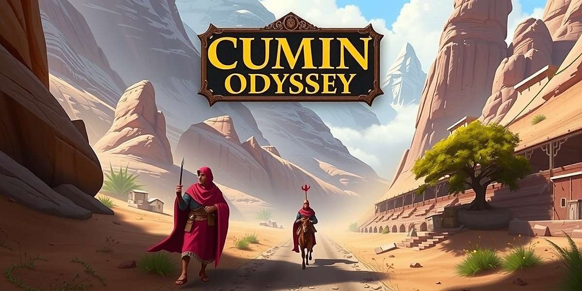 Cumin Odyssey: Spice Trading Chronicles screenshot showing a merchant caravan traveling through a mountain pass with guards protecting valuable spice cargo