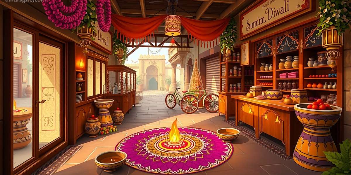 Cumin Odyssey: Spice Trading Chronicles Diwali event showing a marketplace decorated with lamps, rangoli patterns, and festive decorations