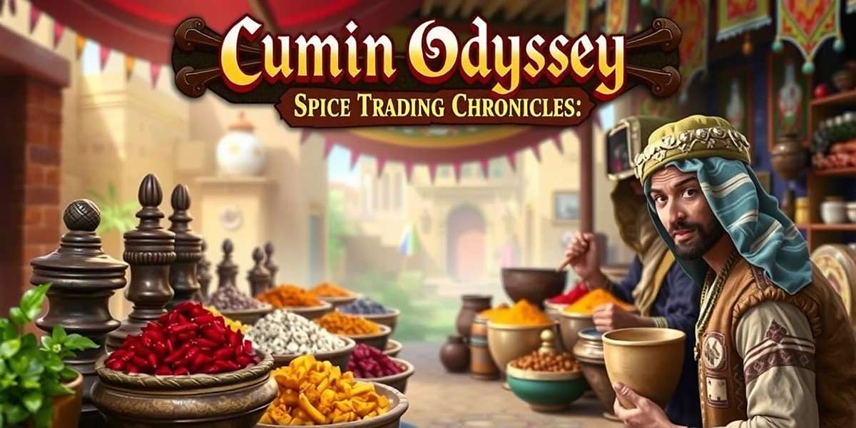 Cumin Odyssey: Spice Trading Chronicles game cover featuring ancient Indian traders in a vibrant marketplace with various spices displayed